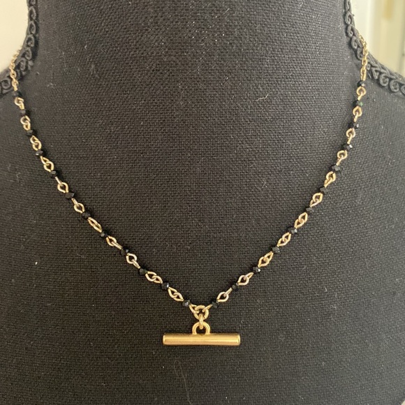 🍀Lucky Brand🍀 Yellow Gold Chain & Black Beaded Bar Necklace - Picture 3 of 8